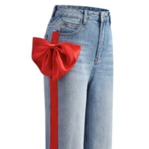 Micas Red Bow Side Stripe Wide Leg Jeans XL – Statement Denim Modern Chic NWT